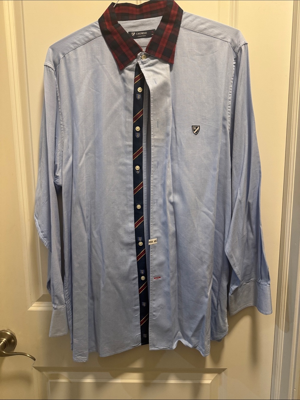 Crest Light Blue Dress Shirt with Red Plaid Collar Mens XL